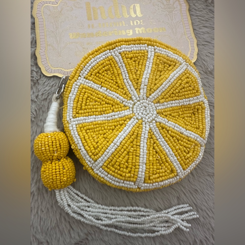 Made In India Wandering Moon Lemon Travel Beaded Pouch / Yellow Coin Purse - Picture 2 of 8